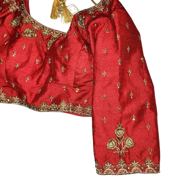 Red Beaded Sari Crop Top Indian Lehnga COSTUME Boho Small Medium NEW Bollywood - Picture 1 of 7